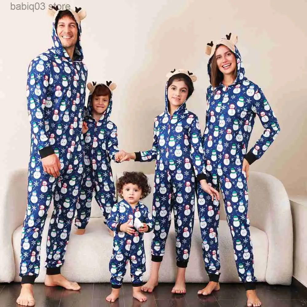 Family Matching Outfits New Arrivals 2023 Mother Daughter Father Son Matching Pajamas Set Cute Ear Hooded Snowman Print Jumpsuit Romper Xmas Family Look T230921