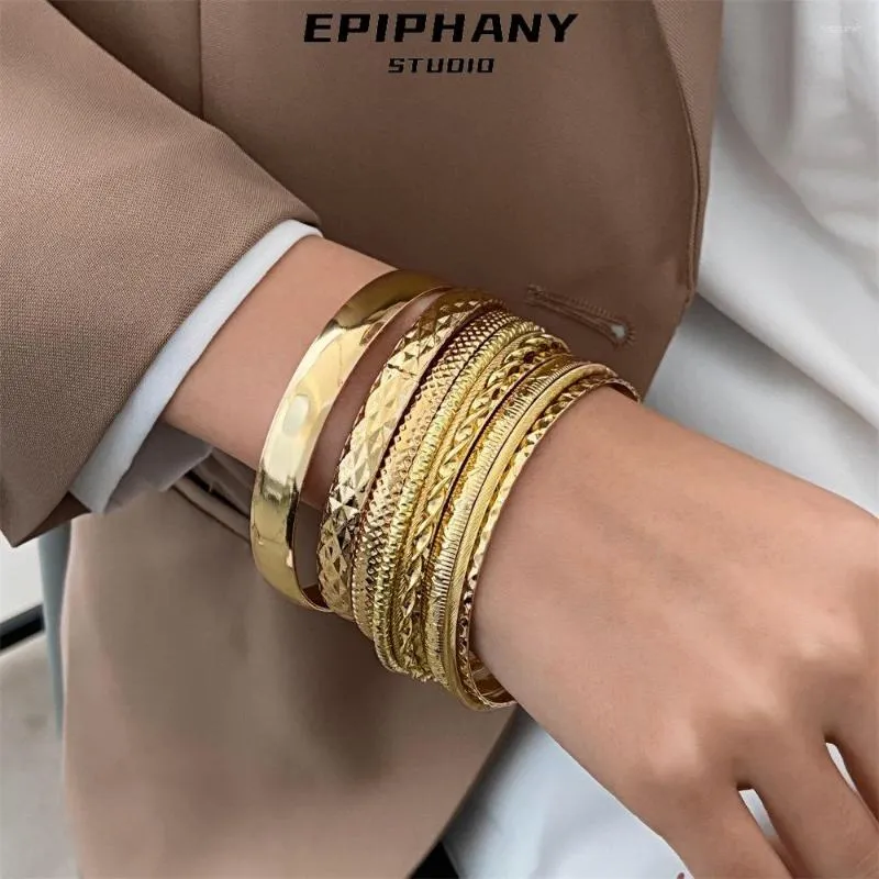 Link Bracelets Enthic Alloy Bracelet Retro Set Female Golden Glossy Hand Chain Bangle Jewelry 10pcs/Set Pulsera Magnetica Mujer