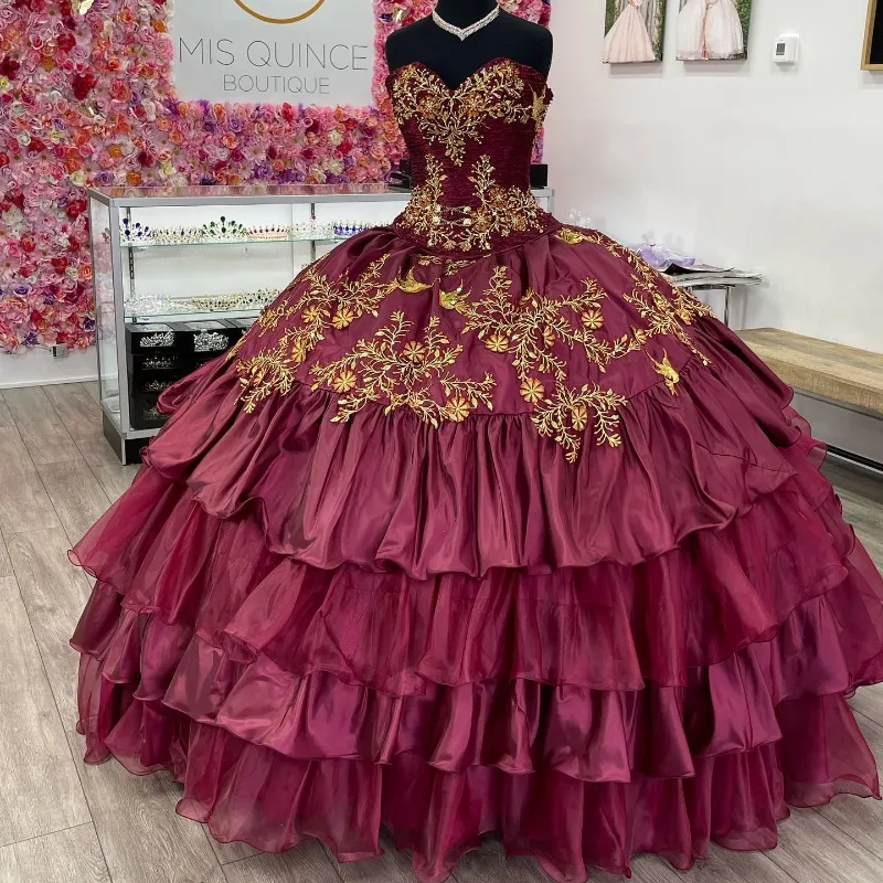 Mexi Wine Red Ball Gown Quinceanera Dresses Embroidery Ruffle Bottom Applique Lace Sweet 16 Dress 15th Prom Party Vestidos