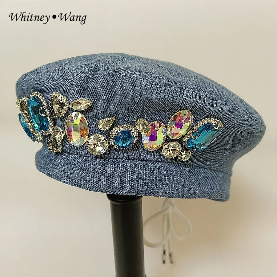 Berets Whitney Wang Designer Style Fashion Streetwear Diamonds Beading Sweet Denim Berets Women Stylish Hat Lady Arts Cap 230922