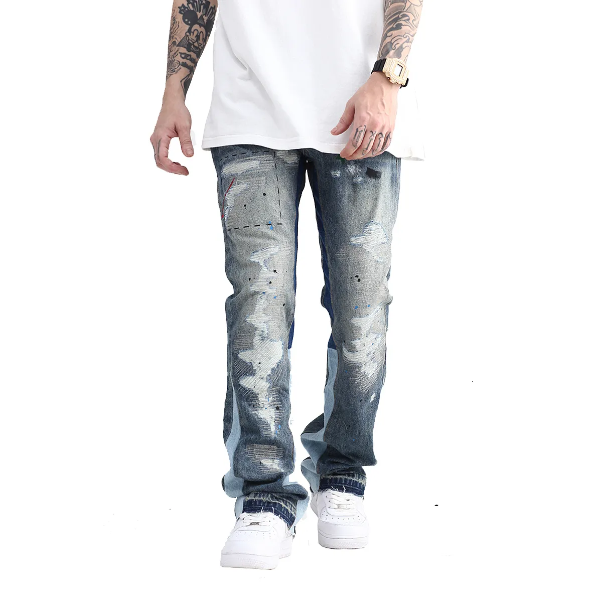 Mens Jeans Blue Speckle ink Washed Destroyed Flared Jean Pants Hip Hop Graffiti Ripped Denim for Men Streetwear Vintage Wide 230922