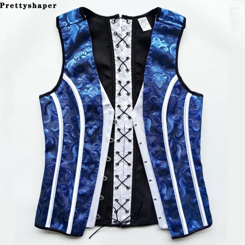 Men's Body Shapers Male Abdomen Tight Corset Blue Floral Prints Slimming Waist High End Vintage Lace Up Waistcoat With Bones Vest Shaper