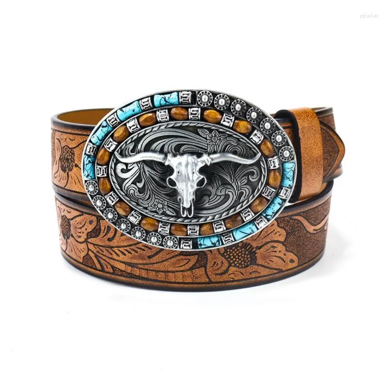 Bälten Western Cowboy Style Denim Belt Retro Cow Head Skeleton Men's Punk Leather Fashion Women Men Jeans Midjeband Decoration