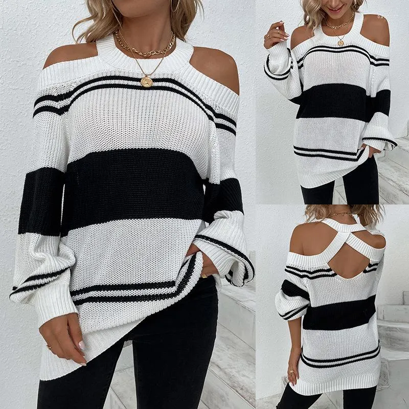 Women's Sweaters Sweater Woman 2023 Autumn/winter Halter Off Shoulder Sexy Knit Striped Lantern Sleeve Women Drop MMYG2317