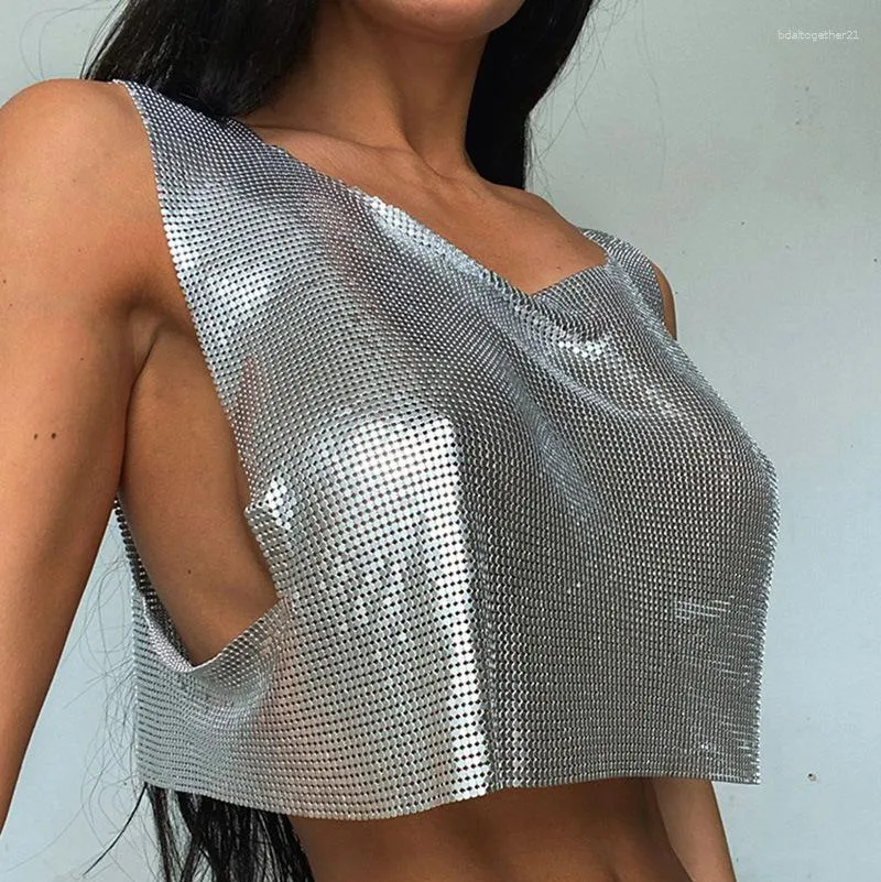 Zbiorniki damskie błyszczące metalowe cekiny seksowne zbiorniki bluzki