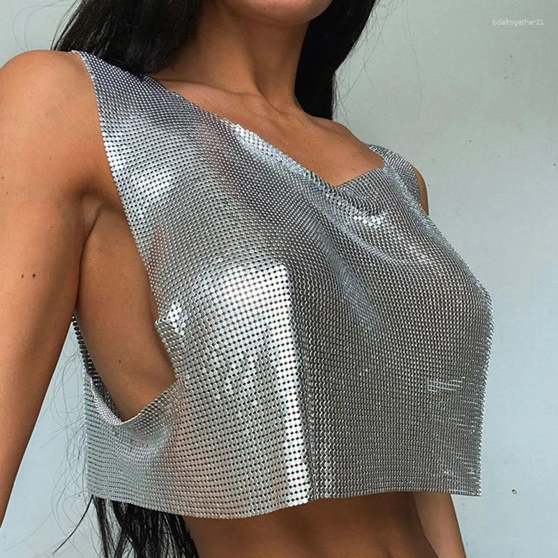 Canotte da donna scintillanti paillettes in metallo canotte sexy senza maniche o collo scava fuori discoteca ritagliata solido corsetto di lusso da donna crop top 2023