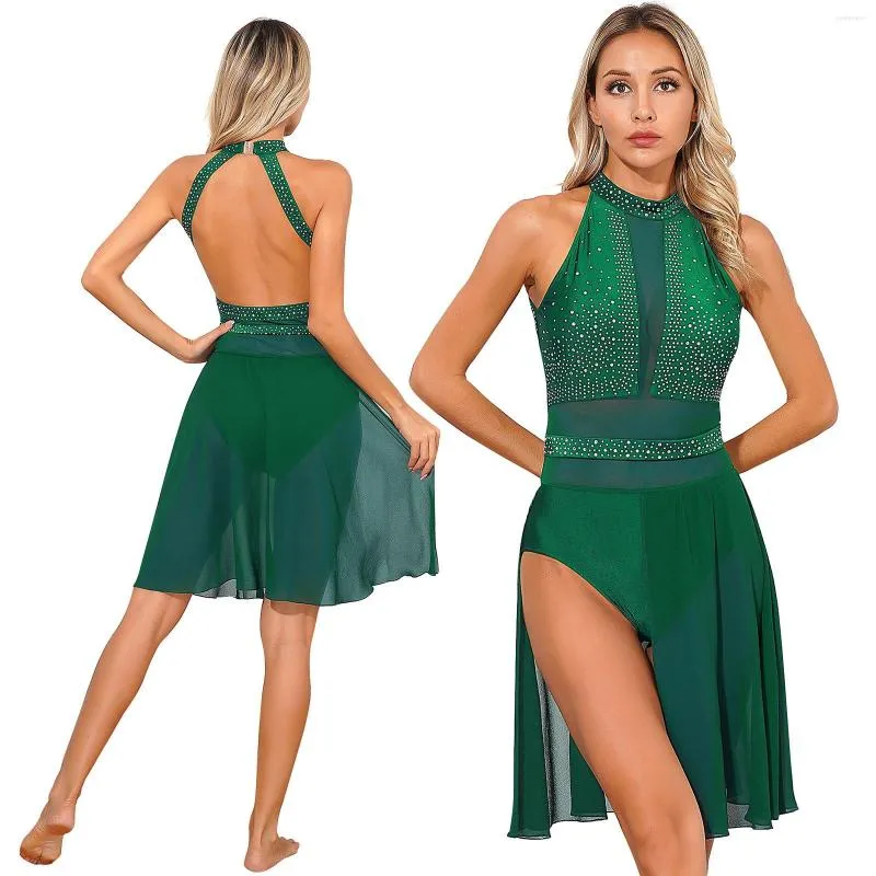 Stage Wear Femmes Robe de danse lyrique Patinage artistique Ballet Gymnastique Performance Costume Brillant Strass Dos Nu Mesh Justaucorps Robes