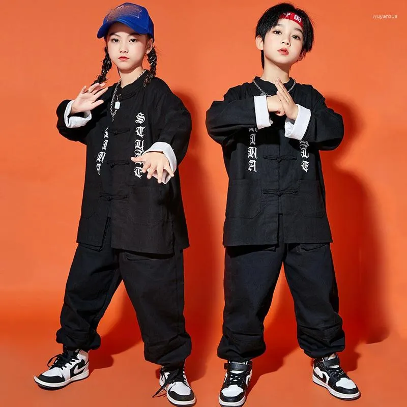 Abbigliamento da palcoscenico Costumi di danza hip-hop per bambini per ragazze Abiti larghi in stile cinese nero Ragazzi Abiti da rave per performance jazz moderne