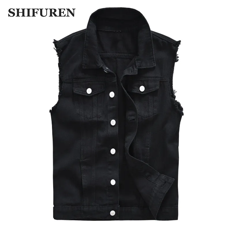 Men's Vests SHIFUREN Men Cotton Ripped Jeans Sleeveless Jacket Black Denim Vest Singlebreasted Male Hip Hop Washed Cowboy Waistcoat 230921