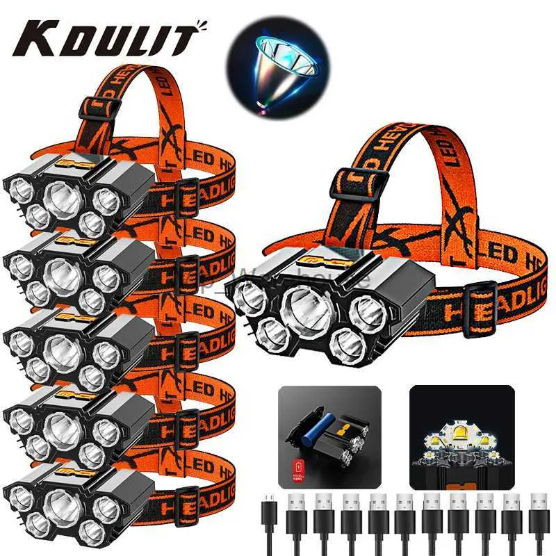 Head lamps KDULIT Batch Portable 5LED Headlamp USB Rechargeable Headlight Built-in Battery Flashlight Portable Work Light Fishing Torch HKD230922