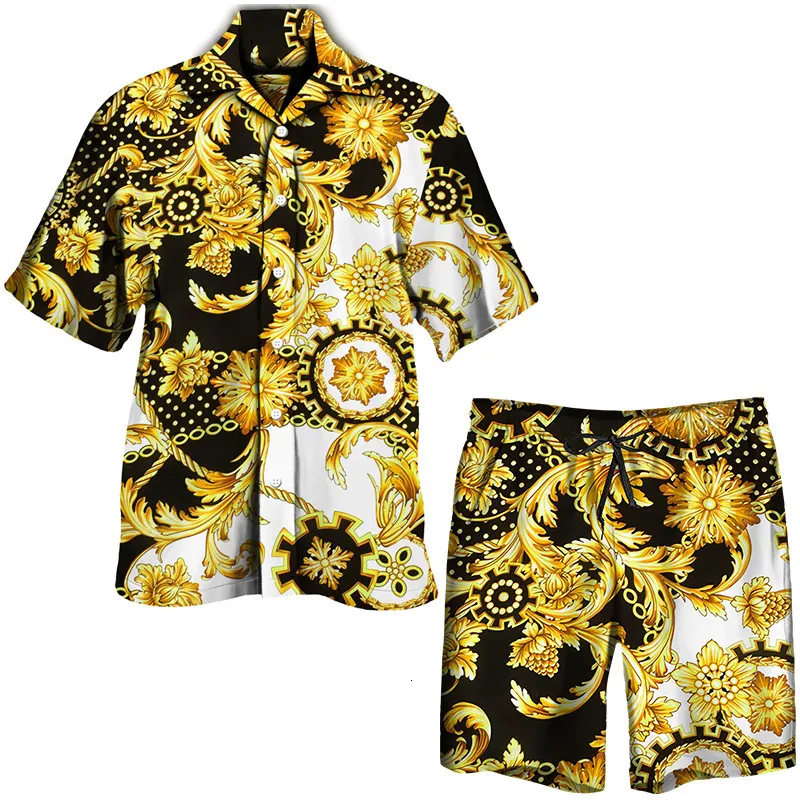 Tute da uomo Moda Lusso Set hawaiani da uomo Stampa floreale Manica corta Camicia con bottoni/Pantaloncini da spiaggia/Set Estate Casual Pantaloni a vita bassa Abiti eleganti 230922