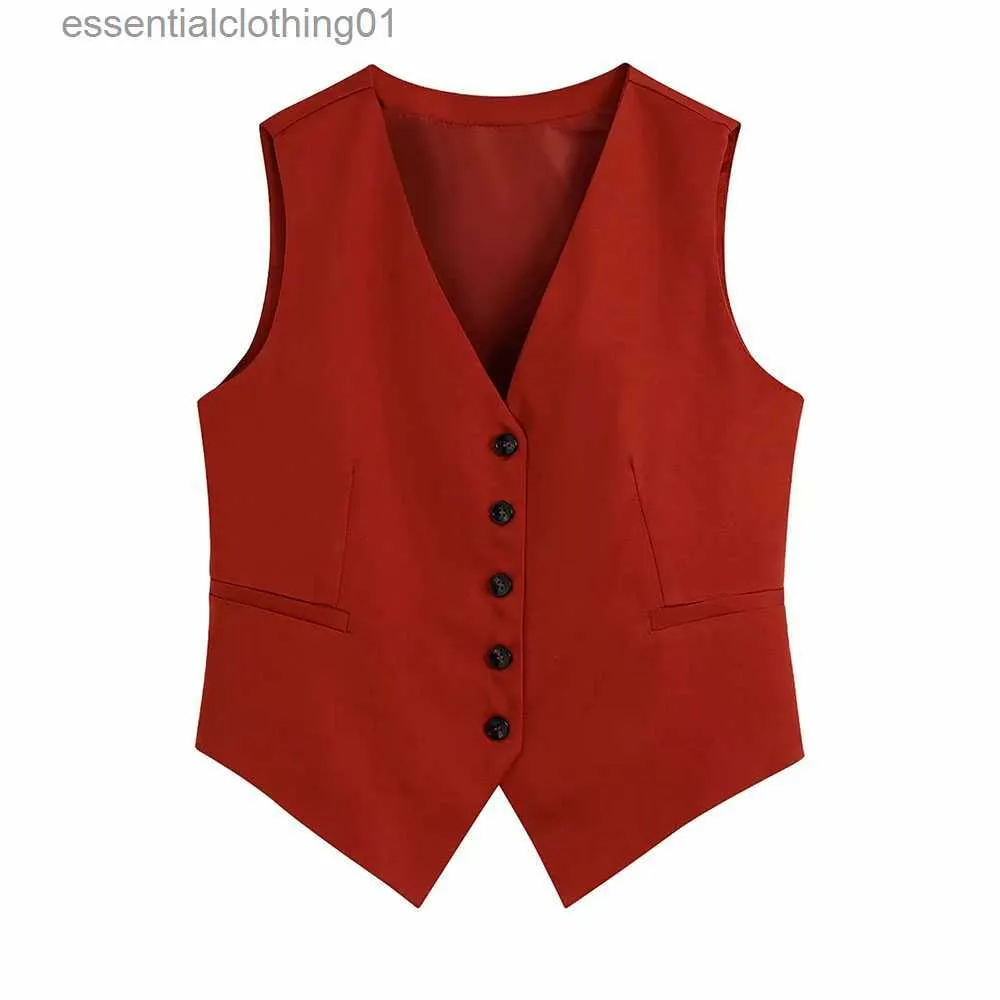 Women's Vests BBWM 2021 Women Elegant Red Streetwear Sleeveless Short Vest Female Vintage Slim V-Neck Single-breasted Casual Waistcoat L230922