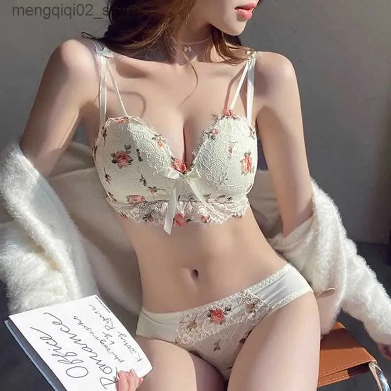 Bras Sets Push Up Bras and Panty Set for Women Floral Lace Transparent Breathable Cute Lingere Sexy Underwear Set Seamless Bra Brassiere Q230922