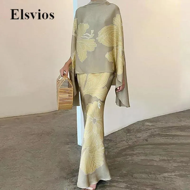 Tvådelt klänning High Fashion Pending Satin Set Elegant Batwing Sleeve Tops Blus Slim Long Kjol Outfits Women Casual Loose Two Piece Suits 230922