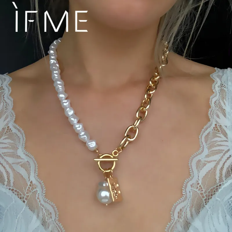 Pendentif Colliers Si moi Vintage esthétique irrégulière OT Lock Baroque perle longue chaîne épaisse collier ras du cou pendentif pour femmes bijoux asymétriques 230922