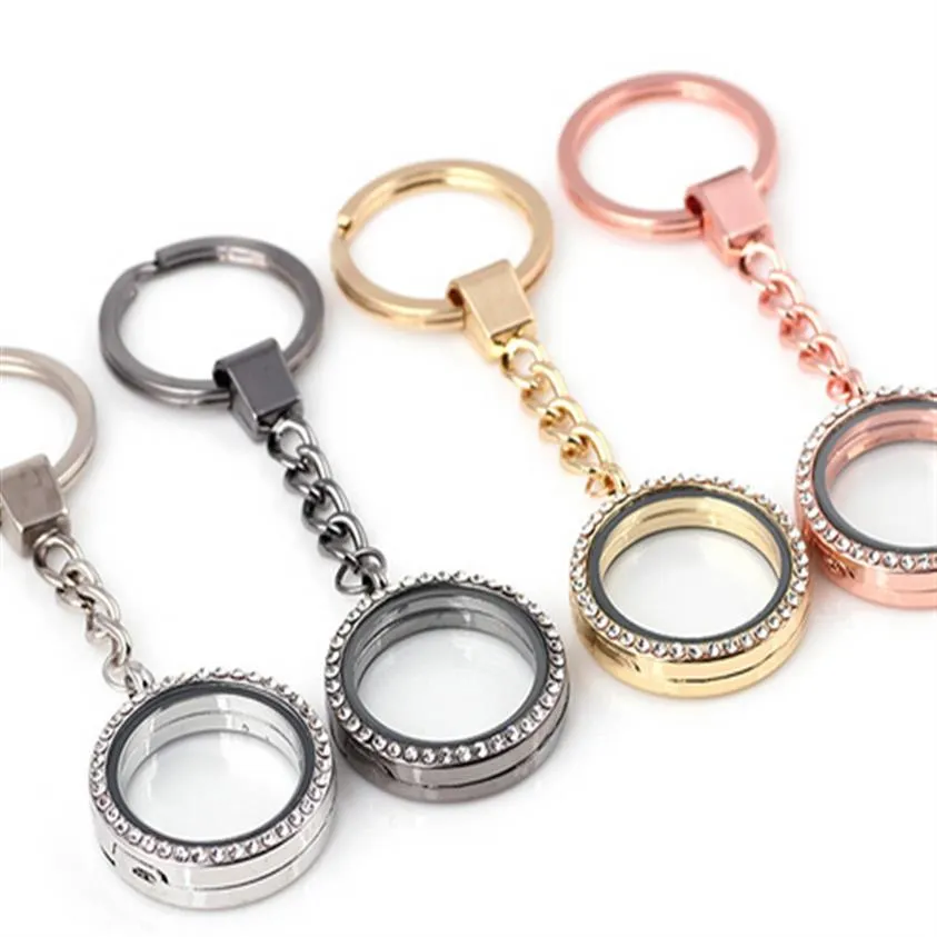 10PCS lot 30MM Rhinestones Round Floating Locket Key Chains Glass Living Magnetic Charms Locket Keychain289O