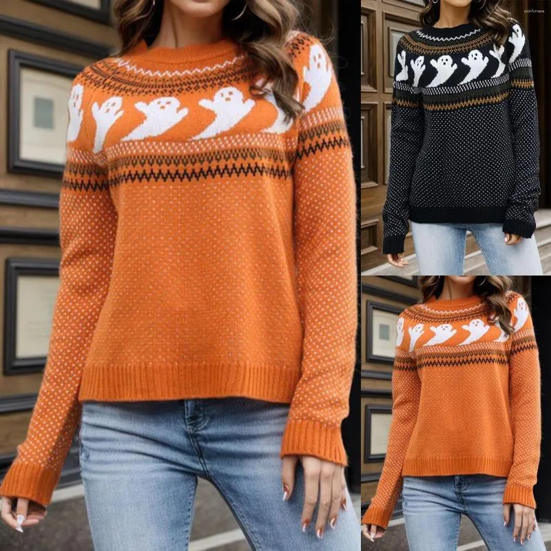 Kadın Sweaters Kadın Sonbahar Kış Kış Kıyısı Moda Yuvarlak Boyun Eğlence Cadılar Bayramı Desen Renk Örme Süvari Damen Strick Pullover