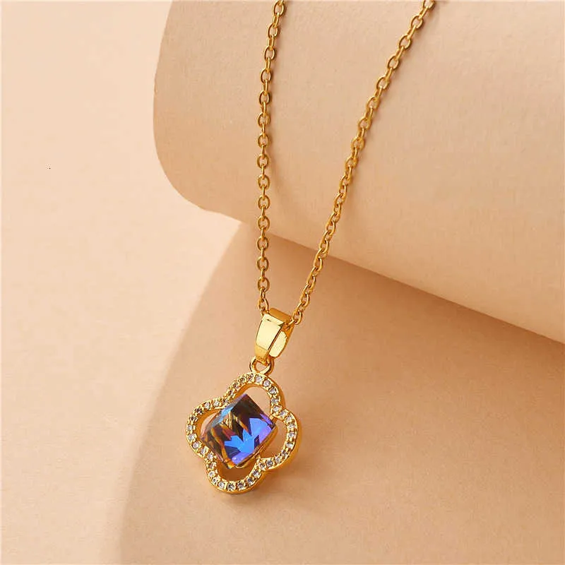 Ontwerper ketting klavertje vier luxe top sieraden oceaan hart ketting vrouwelijke klaver blauwe kristallen hanger 18K goud titanium stalen ketting sieraden cadeau Van Clee