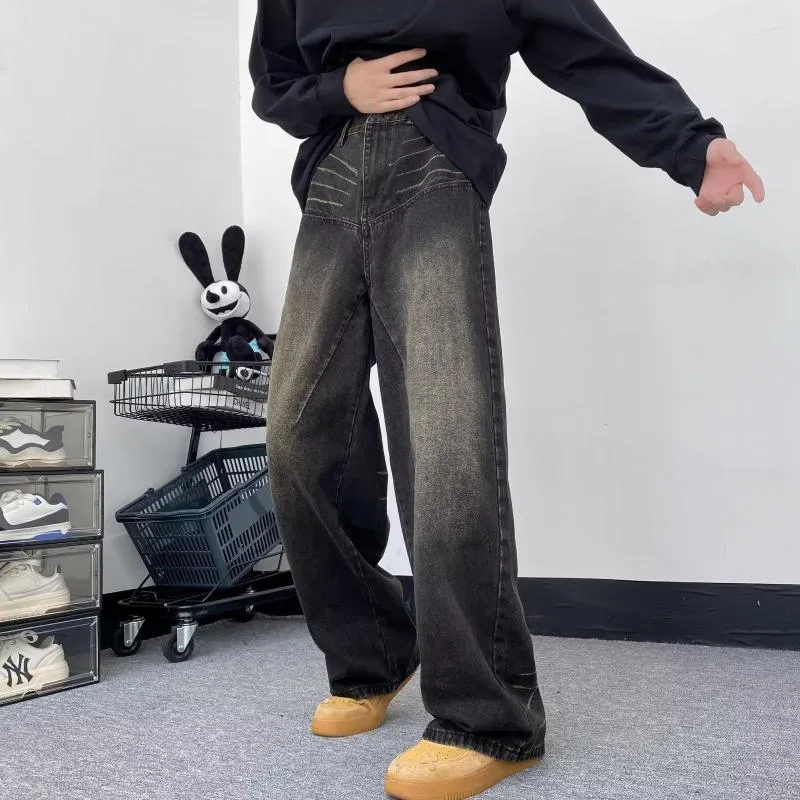 Herr jeans harajuku 2023 män mode hösten gotisk casual retro gör gamla tvättvatten svart grå slacks all-match stil