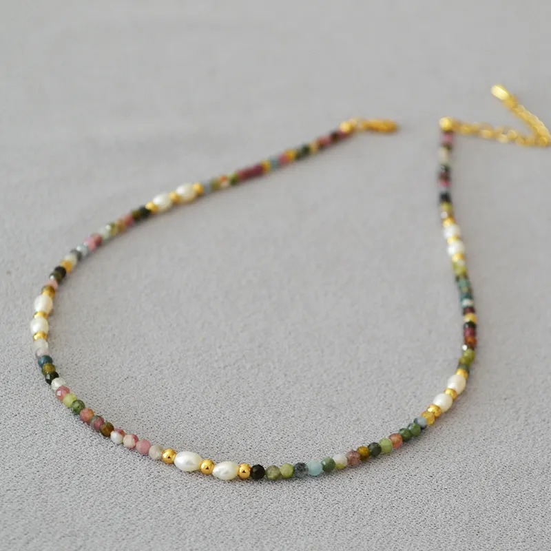 4mm retro color tourmaline white freshwater rice pearl beads simple versatile necklace clavicle chain female 40cm