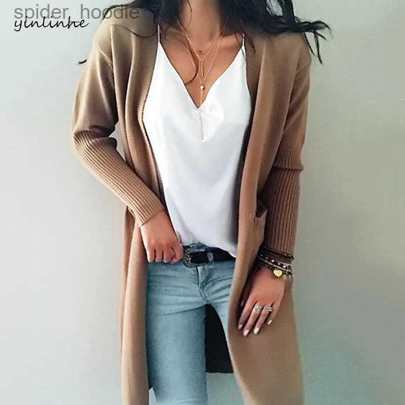 Suéteres femininos Khaki Long Cardigan Mulheres Cashmere Sólido Malha Camisola Mulheres Manga Longa Inverno 2018 Senhoras Bolsos Cardigan Kimono 737 L230922