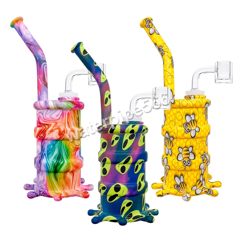 8.0" Silicone Drum Bong Hookahs with 4mm quartz banger and glass bowl dab rig glass water pipe