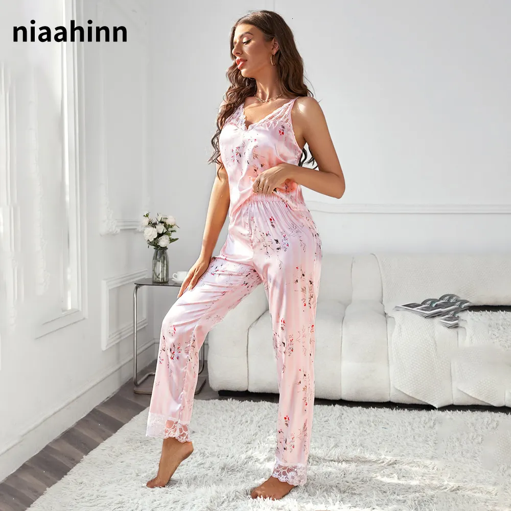 Pyjamas Sexy Pantalon Imprimé Floral Sexy Satin Pyjamas Sexy