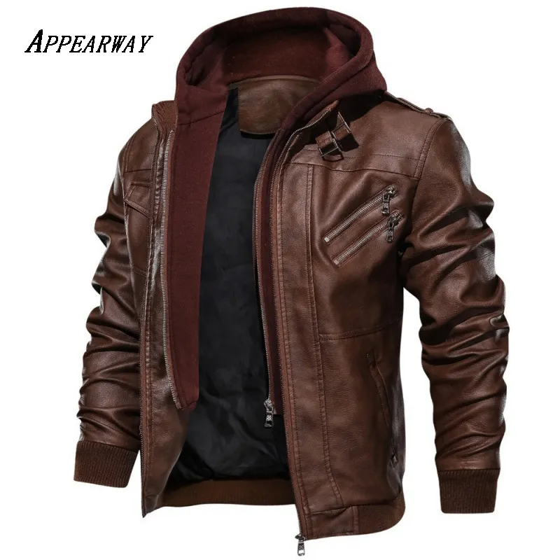 Hommes en cuir Faux APPEARWAY printemps Antumn hommes veste de moto marron avec capuche amovible mâle PU manteau taille ue de haute qualité 230922