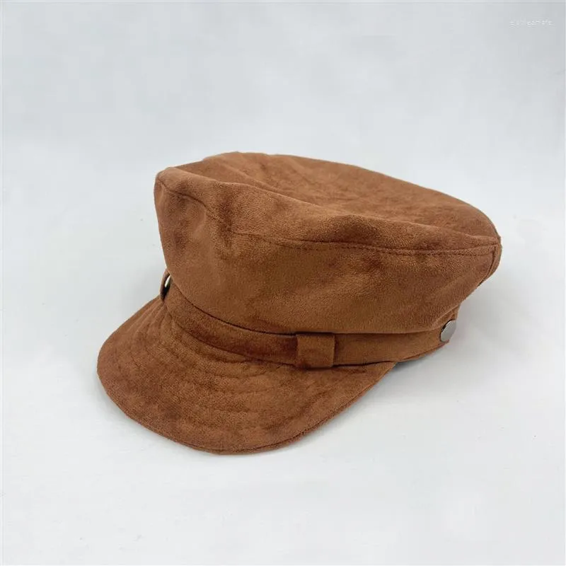 Berets Retro Brown Suede Winter Military Cap Men Women Fashion Flat Sboy Autumn Belt Ribbon Chapeau Visor Hat