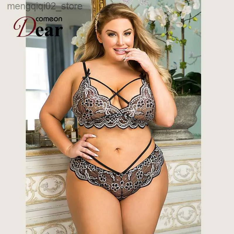 Soutien-gorge Ensembles Comeondear Femme Exotique Soutien-gorge Et Panty Ensemble Fleur Imprimer Multi-Couleur Grande Taille Dentelle Croix Sangle Décoration Sexy Femmes Sous-Vêtements Ensemble Q230922