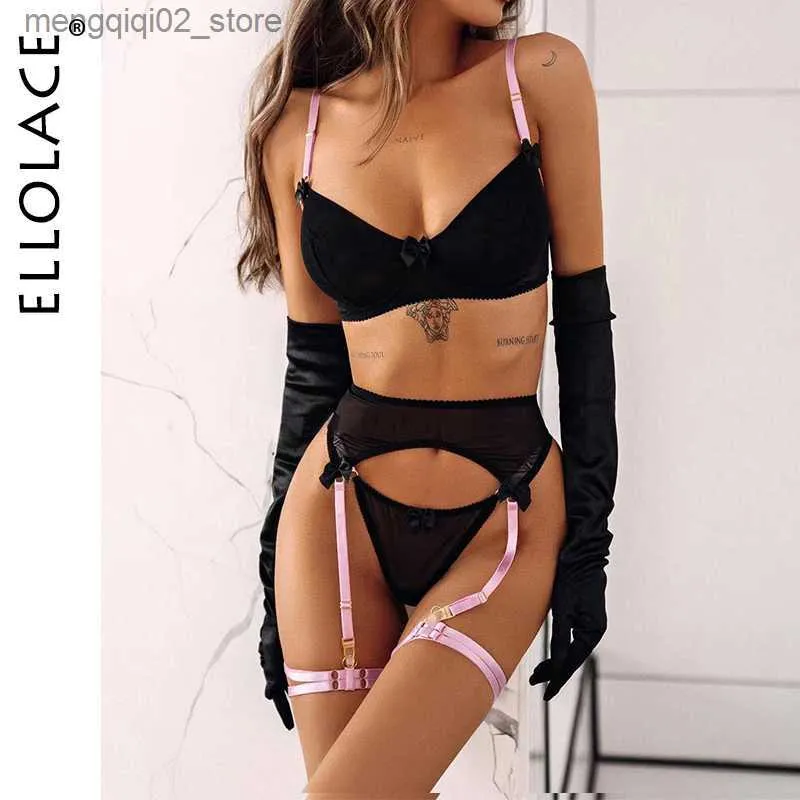 Soutien-gorge Ensembles Ellolace Femme Lingerie Fée Jarretière Ensemble Bowknot Patchwork Transparent Mesh Intime Soutien-Gorge Érotique Et Panty Ensemble Ensembles Exotiques Q230922