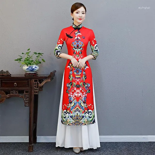 Etnik Giyim Ao Dai Long Cheongsam Geleneksel Çin Tarzı Partisi Qipao Robe Oriental Kadınlar Zarif Gece Elbise Vestido Yenilik Giysileri