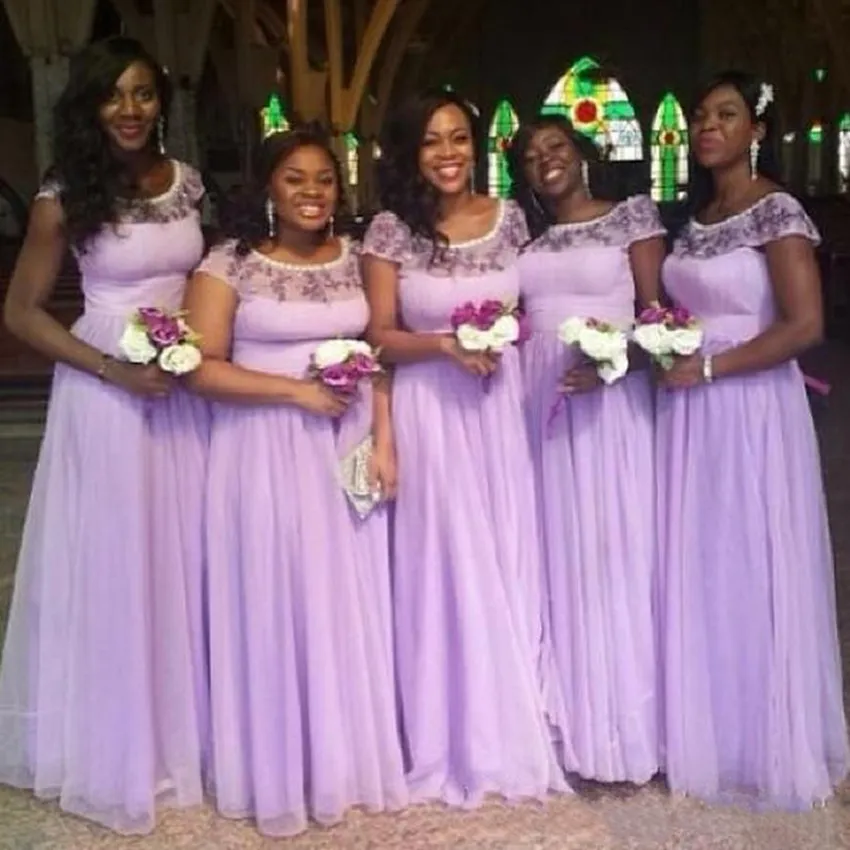 2024 Lilac Bridesmaid Dress Plus Size Lavender Long Formal Prom Gowns Scoop Neck Short Sleeves Wedding Party Dresses