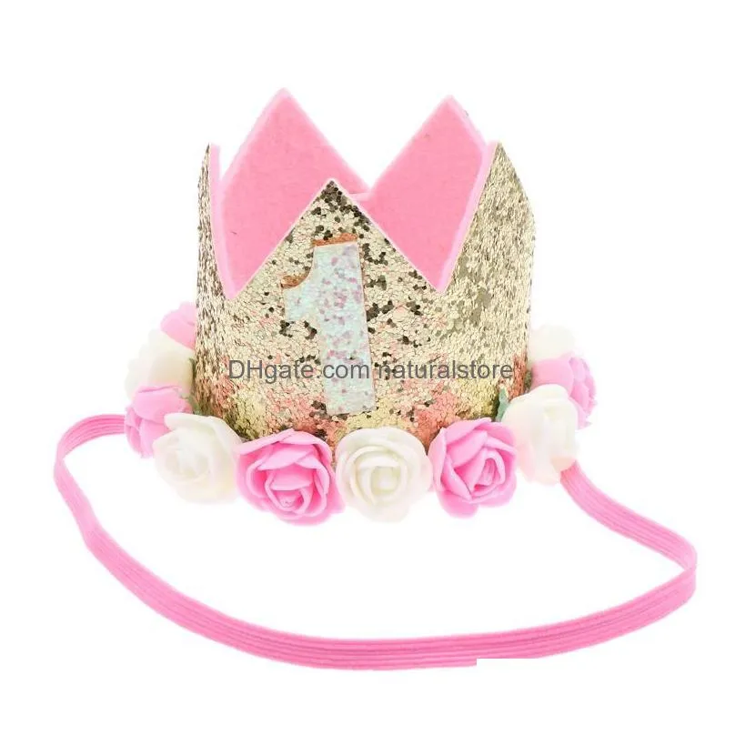 Bandanas 1Pcs Tiara Crown 1St Birthday Rose Flower Hat Po Props For Picture 1 Drop Delivery Fashion Accessories Hats Scarves Gloves Wr Dhkfj