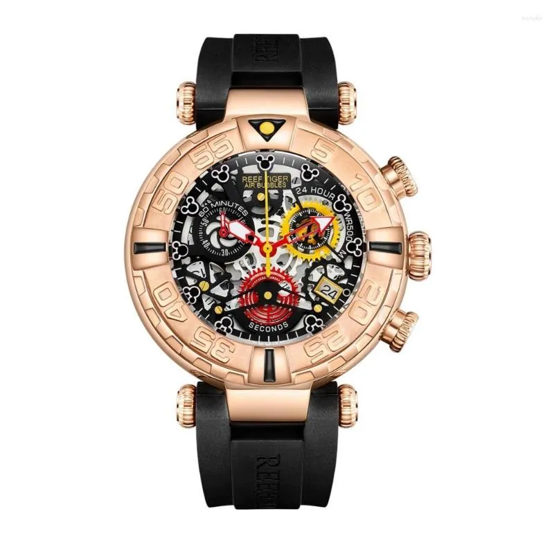 Wristwatches Reef Tiger RGA3059-S Men Sport Chronograp Fashion 10Bar Waterproof Skelet Quartz Wrist Watch With Rubber Watchband - Rosegold