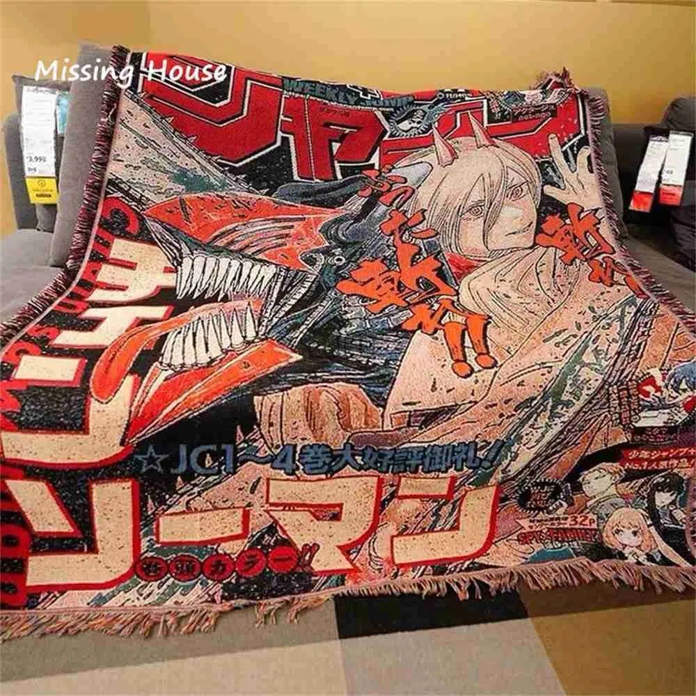 Couvertures Chainsaw Man Anime Tissé Couverture Coton Jeter Serviette Tapisserie Couvre-lit En Plein Air Camp Serviettes De Plage Canapé Chaise Couverture Tapis Tapis Gland HKD230922