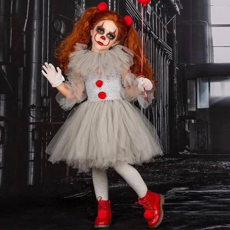 Etniska kläder Halloween Girls Pennywise Tutu Dress Kids Cosplay Scary Grey Clown Costume Girl Performance Up Masquerade Party