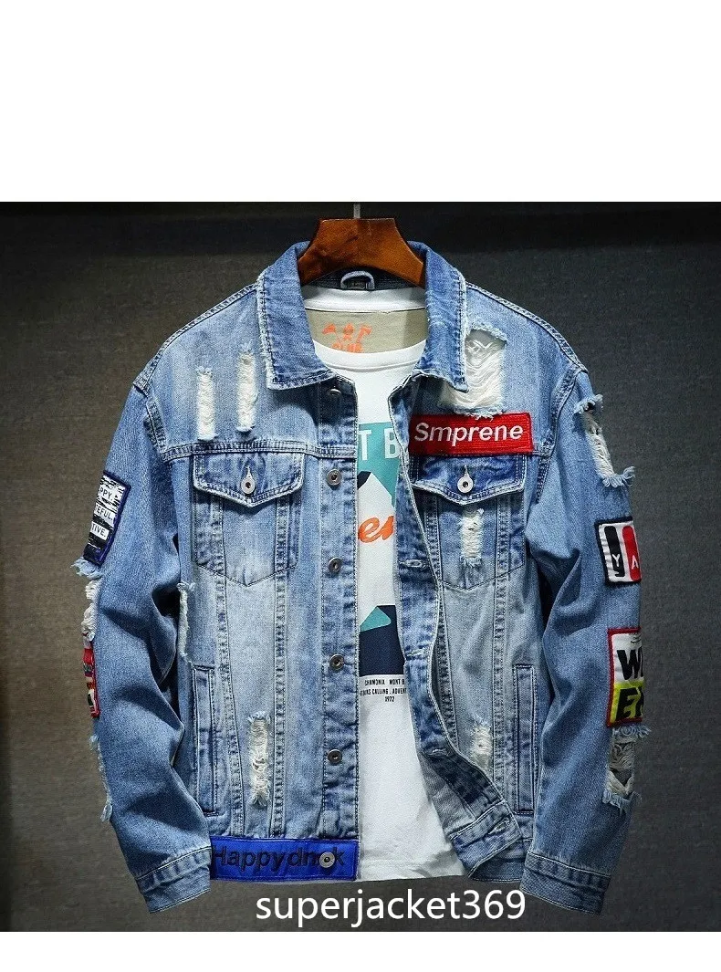 Patchwork Frayed Rock Vintage Black Blue Denim Jacket Men Punk Sudadera Hole Streetwear Hip Hop Ruched Washed