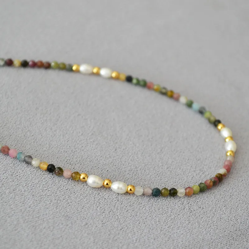 4mm retro color tourmaline white freshwater rice pearl beads simple versatile necklace clavicle chain female 40cm