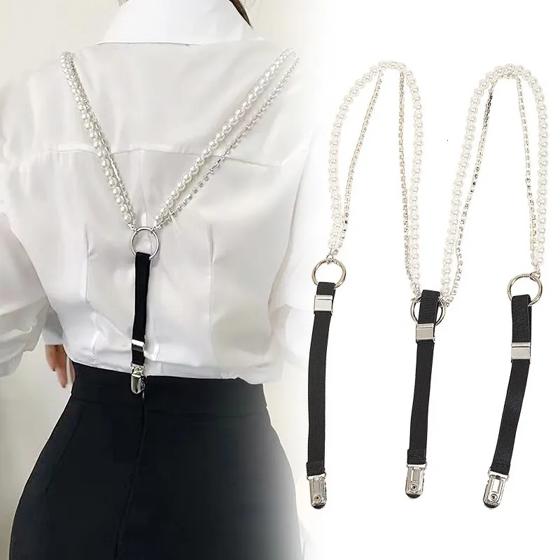 Elegant Pearl Rhinestone Suspenders - Womens Elastic Clip-On