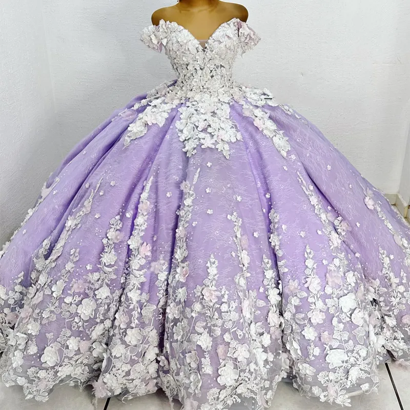 Lavendel Quinceanera Jurken Organza Kralen Uit De Schouder Feestjurk 3DFlower Applicaties Lace Up Hof Trein Gala Baljurk