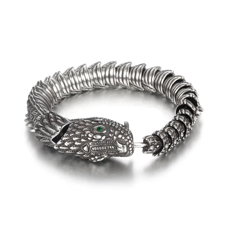 Stainless Steel Biker Dragon Bracelet Link Chain with Green Eyes For Mens Boys Cool Jewelry