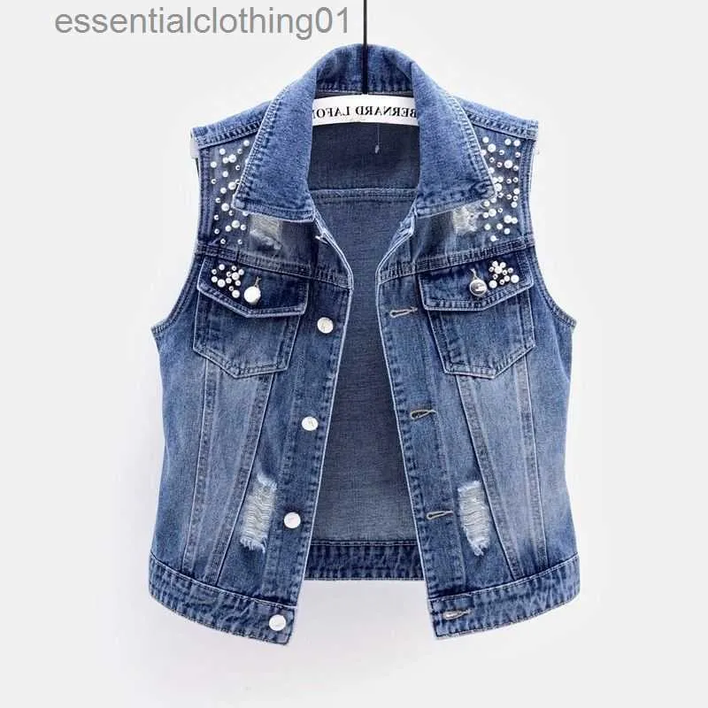 Women's Vests S-5XL femmes perlées Denim gilet hauts sans manche recadrée Cardigan Streetwear mode coréenne printemps automne mince manteau de haute qualité L230922