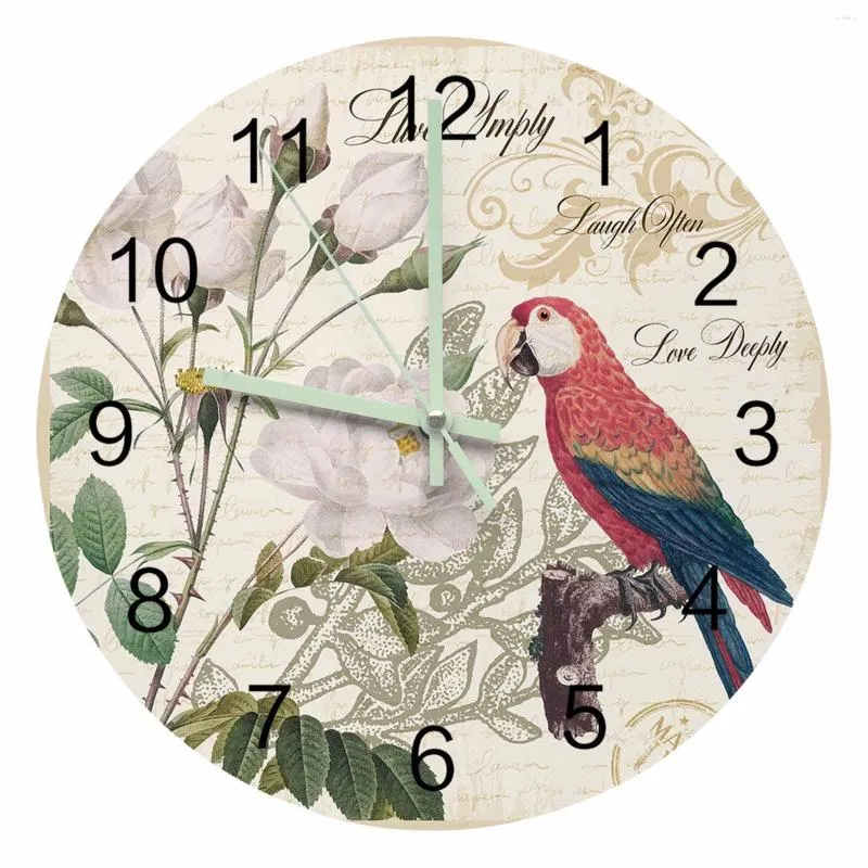 Relógios de parede papagaio pássaro rosa flor retro ponteiro luminoso relógio casa ornamentos redondo silencioso sala de estar decoração de escritório