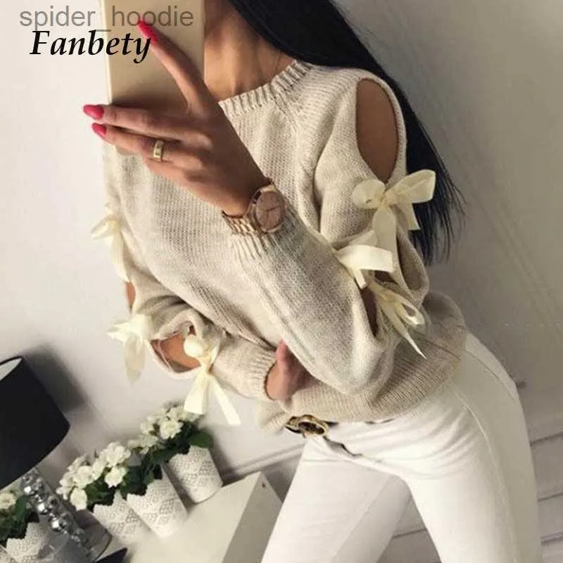 Women's Sweaters Fanbety Women Hollow Out Bowknot Knitted Sweater Lady Casual O Neck Long Sleeve Pull Jumper Femme Winter Hiver Ribbed Pullovers L230922