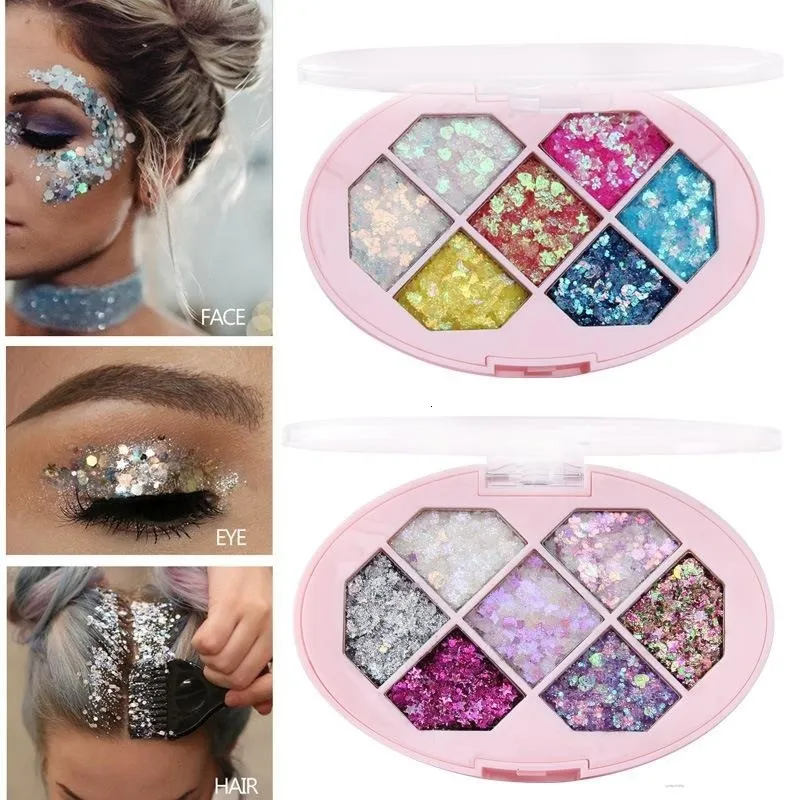 Body Glitter 7 Colors Face Glitter Diamond Sequins Eyeshadow Five Pointed Star Fragment Moon Eyeshadow Shimmer Pigment Eyebrow Makeup Palette 230921