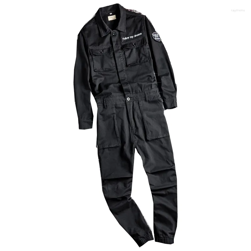 Men's Jeans Joggers Jumpsuits Casual Multi Pockets Cargo Pants Black Long Sleeve Working Suits Badge Overalls Coveralls
