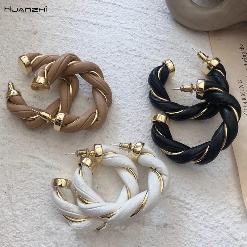 Stud Huanzhi Colorful Metal Twisted Knit Leather Stitching Geometric C-Shaped Hoop örhängen för Women Girls Party Jewelry 230922