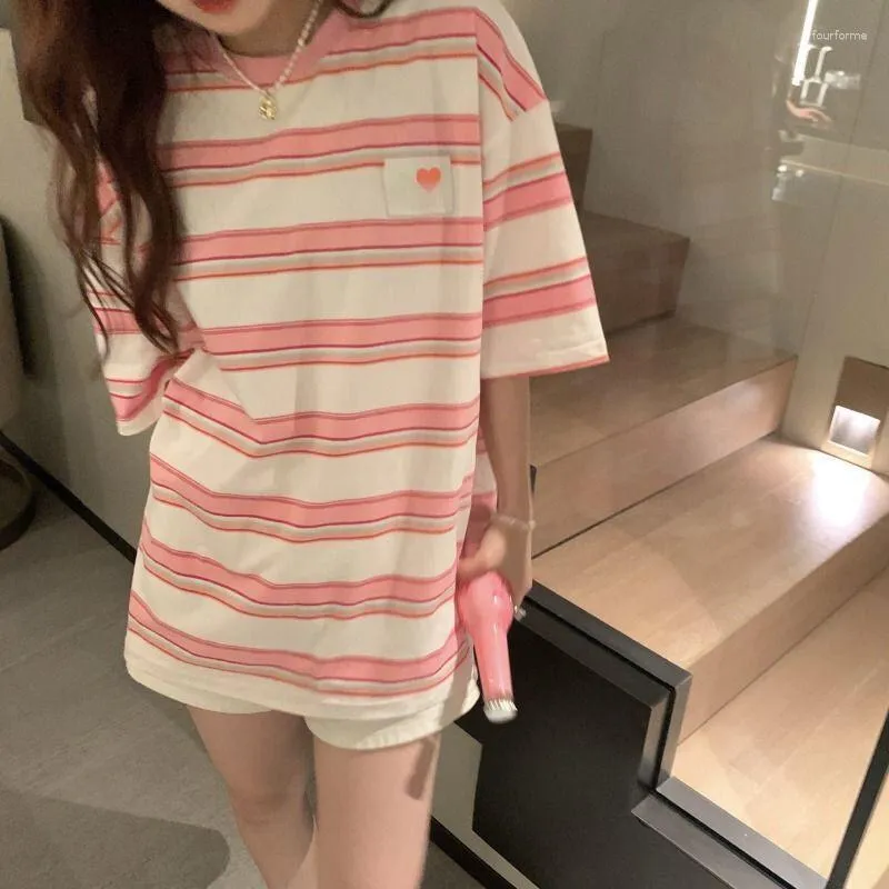 여자 T 셔츠 분홍색 줄무늬 티셔츠 여자 짧은 소매 여름 티 Kawaii 옷 한국 tshirts 느슨한 프레피 스타일 여성 탑 여성