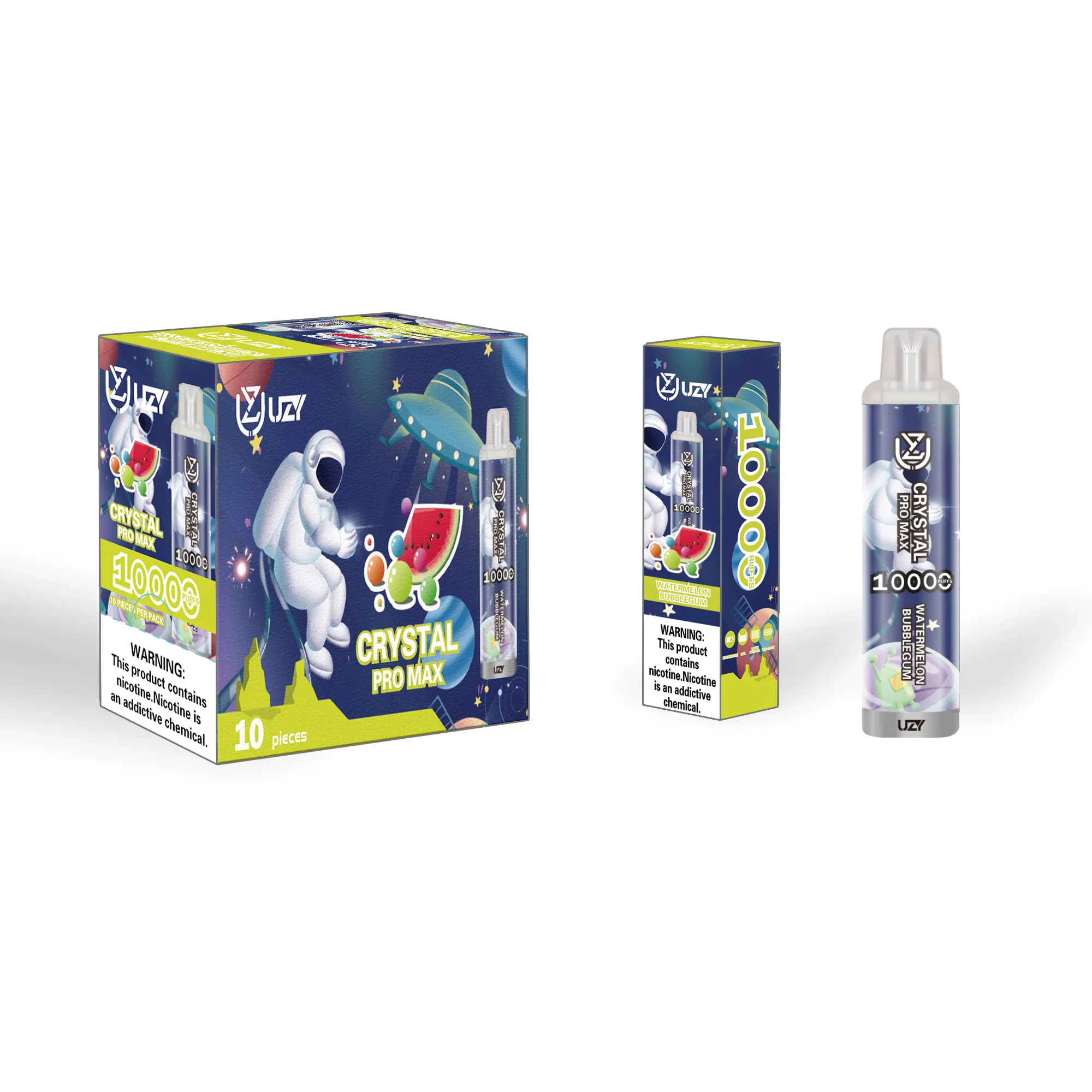 Original UZY Crystal Pro Max 10000 Puff Disposable E Cigarettes 1.2ohm Mesh Coil 16ml Pod Battery Rechargeable Electronic Cigs Puff 10K 0% 2% 3% 5% RBG Light Vape Pen Kit